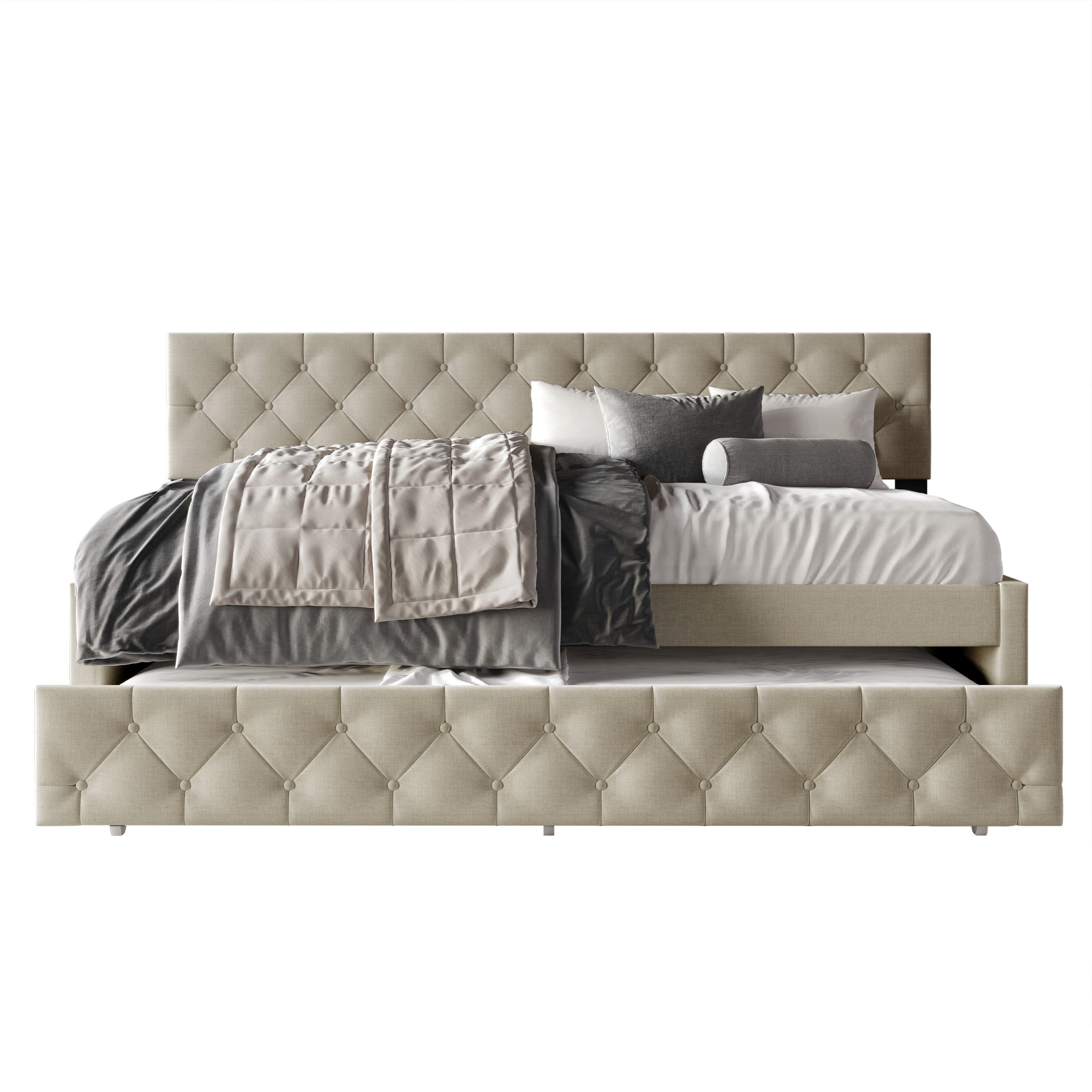 Home Design Tyler Twin Daybed with Trundle, Linen Upholstery, Button-Tufted Design, Foam Padding, Pull-Out Trundle, Stylish Seating and Sleeping Solution, Warm Gray