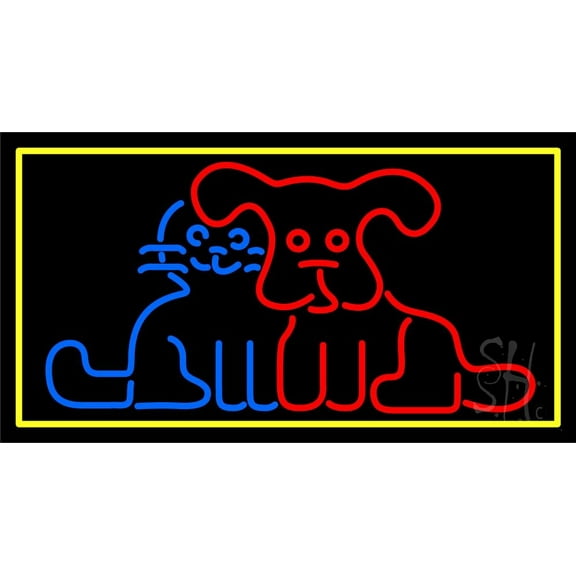 Dog Cat Yellow Border LED Neon Sign 13" Tall x 24" Wide - inches Black Square Cut Acrylic Backing, with Dimmer - Premium built indoor Sign for Club, Home décor, Event, Workshop, Storefront.