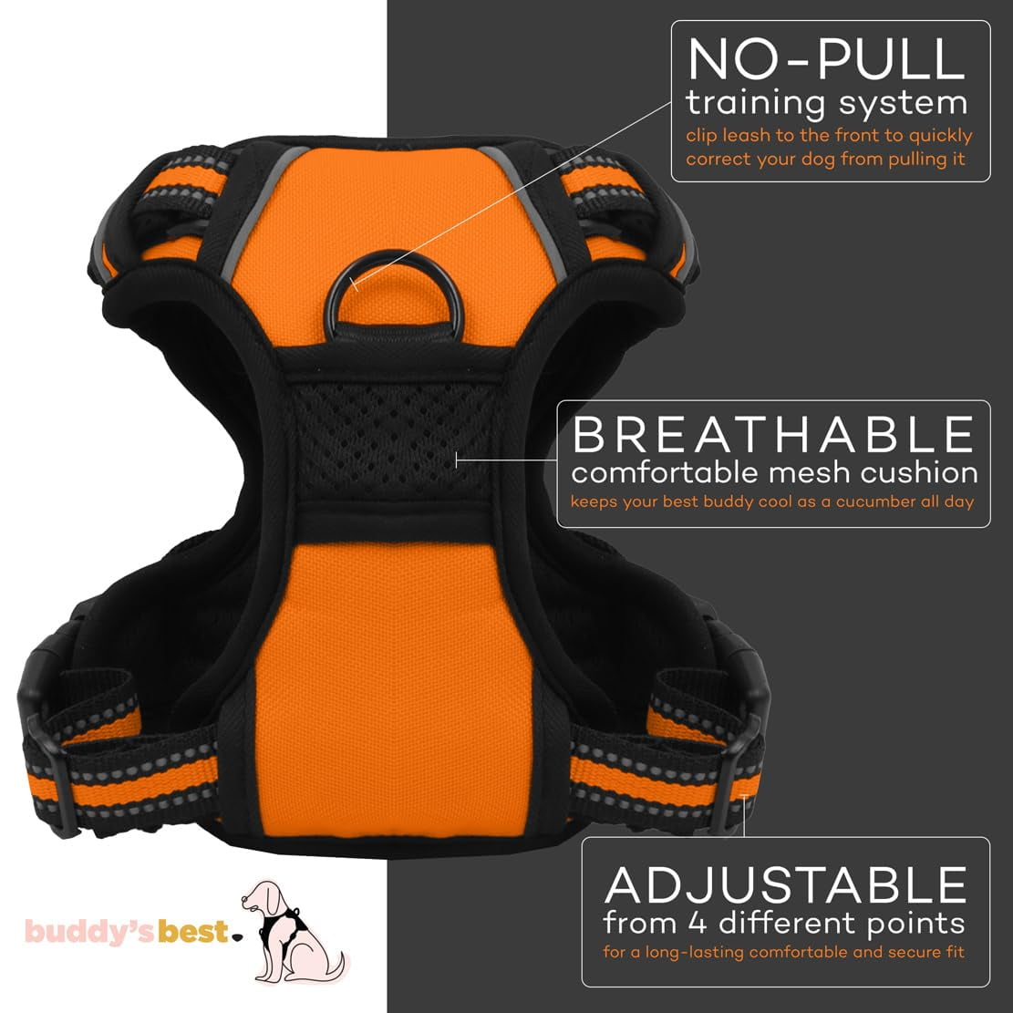 Buddy's Best Dog Harness, No-Pull Pet Harness with 2 Leash Clips, Adjustable Soft Padded Reflective Safety Pet Harness for No-Choke Pet Training (Orange, Medium)