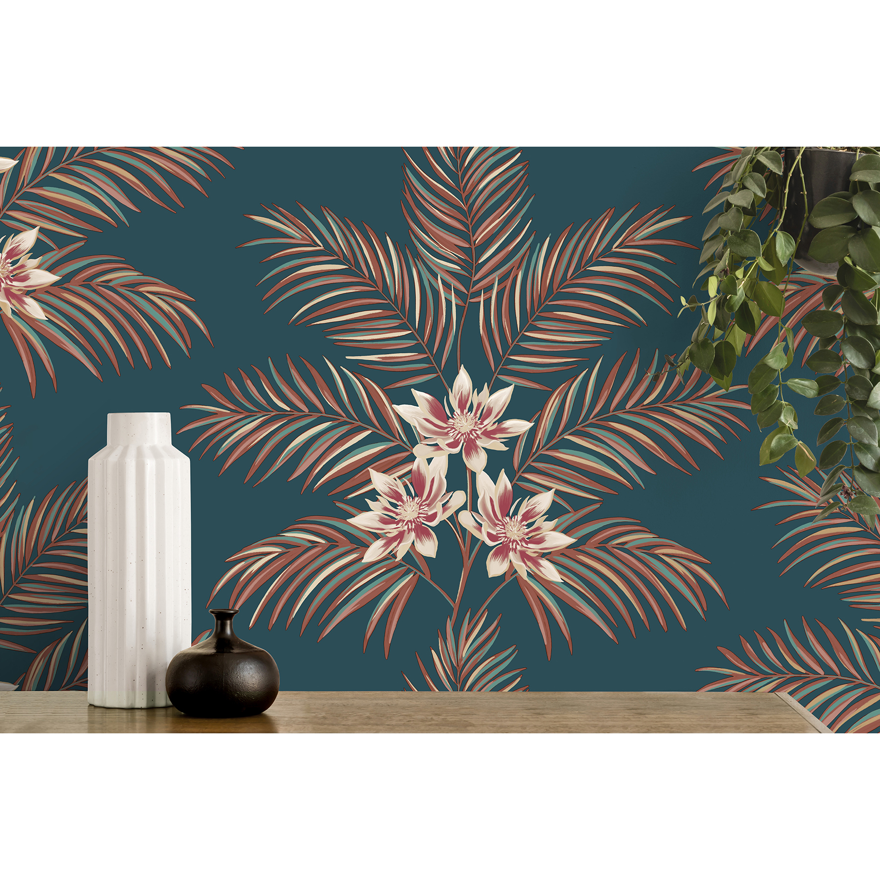 Fine Decor Bali Teal Palm Wallpaper, 20.5-in by 33-ft
