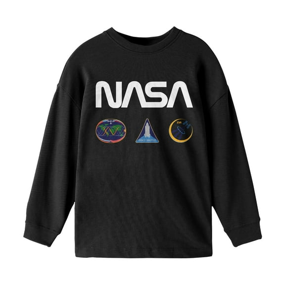 NASA Logo Patches Boy's Black Long Sleeve Shirt-Large