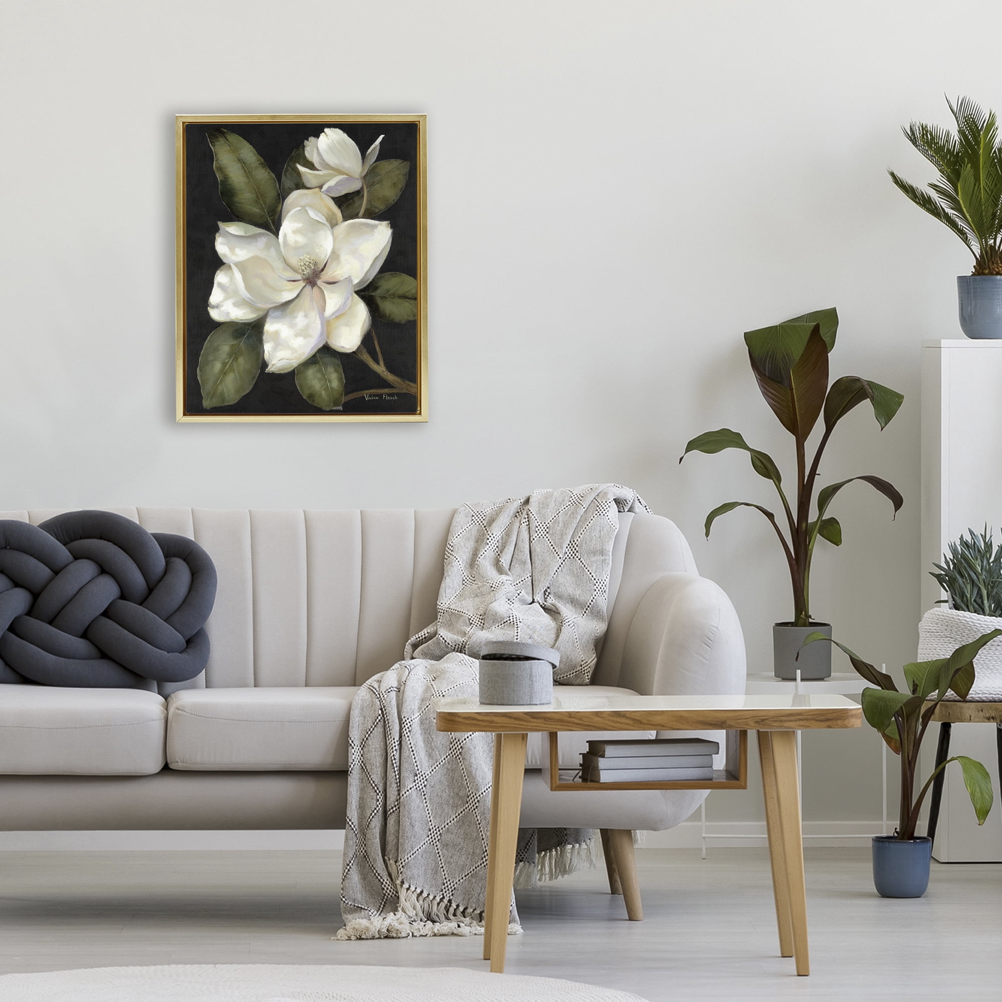 Stupell Industries Blooming Magnolia Buds Gold Framed Floater Canvas Wall Art, design by Nan