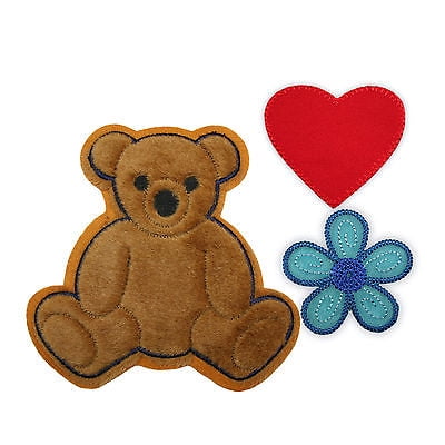 - 3pc Big Furry Brown Teddy Bear Heart Flower Kaylee Firefly Sew On Applique Patch