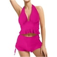thumbnail image 2 of ylioge Summer Tankini Swimsuits for Women Two Piece Bathing Suits Ladies Trendy Solid Halterneck V Neck Tops High Waisted Shorts Bikini Sets, 2 of 5