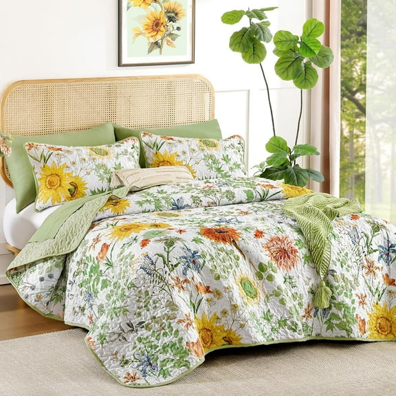 Floral Quilt Set Queen Size, Sage Green Sunflower Botanical Bedspread Bedding Set, 3 Pieces Summer Soft Lightweight Microfiber Coverlet with 2 Pillow Shams for All Season 96x90 Inch