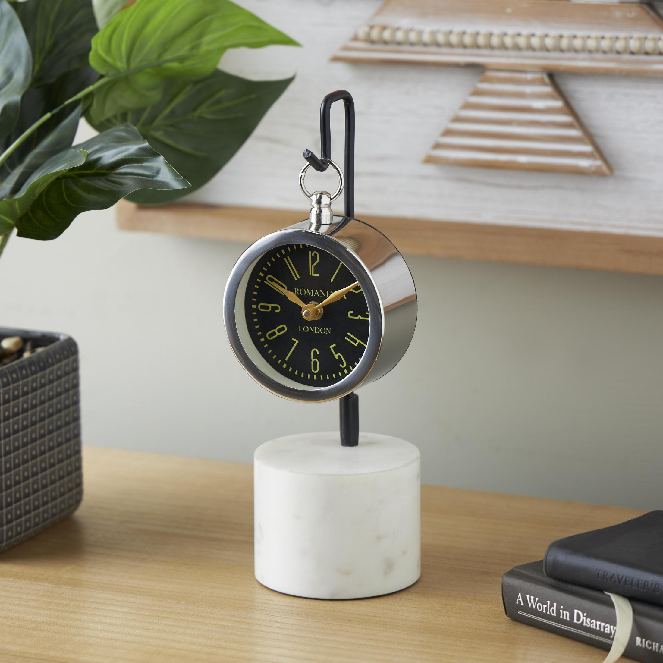 DecMode 12" Silver Stainless Steel Metal Suspended Clock with Black and White Stand