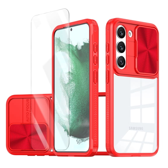 Allytechgroup Galaxy S23 Clear Case with Tempered Glass Screen Protector, Sliding Camera Lens Protector Anti-Yellow Shockproof Rugged Slim Fit Shell Cover for Samsung Galaxy S23, Red