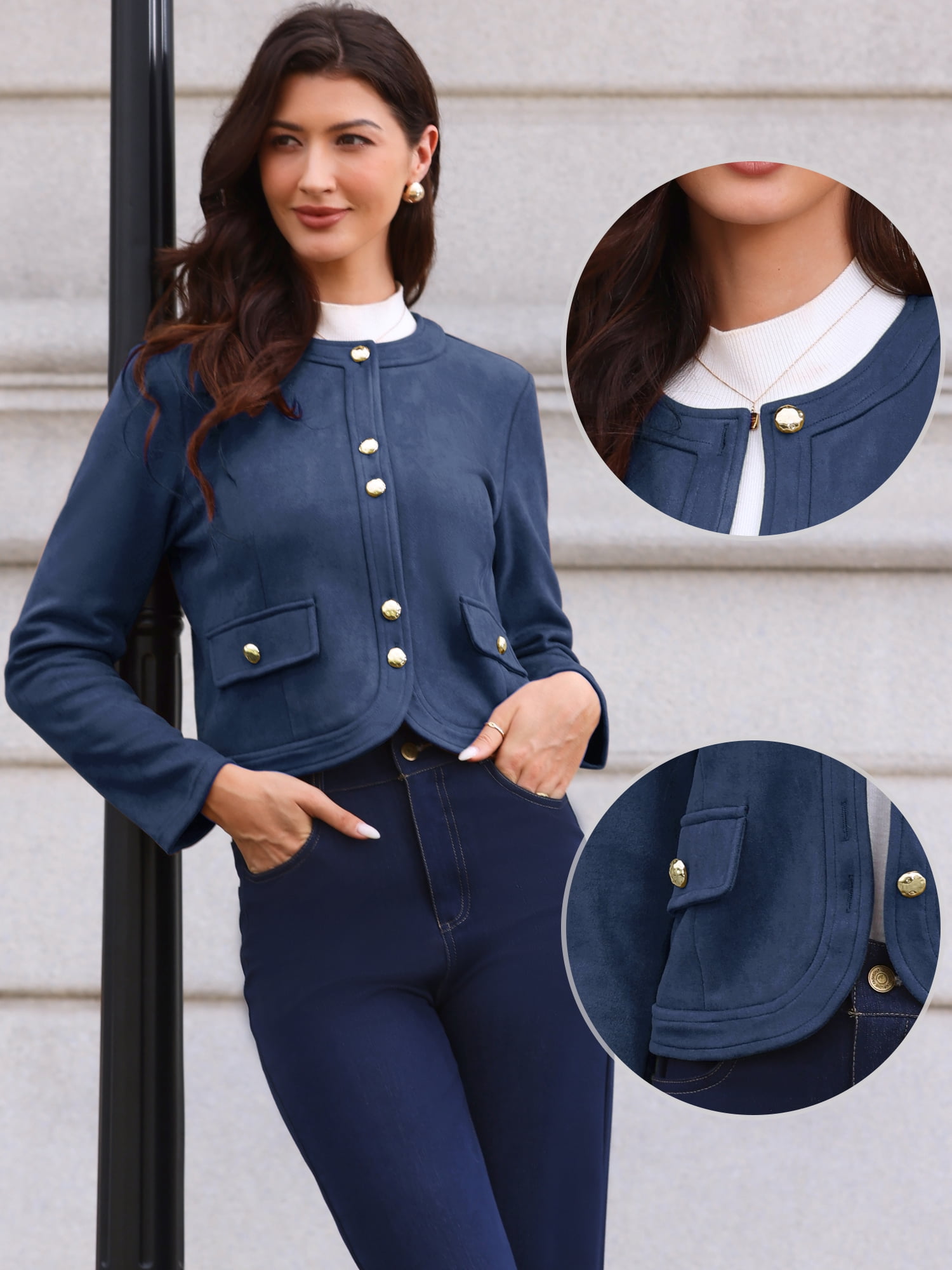 DARING DIVA Women's Collarless Long Sleeve Outerwear Faux Suede Jacket M Dark Blue