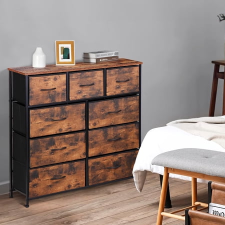 WLIVE Dresser for Bedroom with 9 Drawers, Fabric Storage Tower Tall Chest Organizer Unit for Living Room Nursery Entryway Closets, Steel Frame, Wood Top Rustic Brown