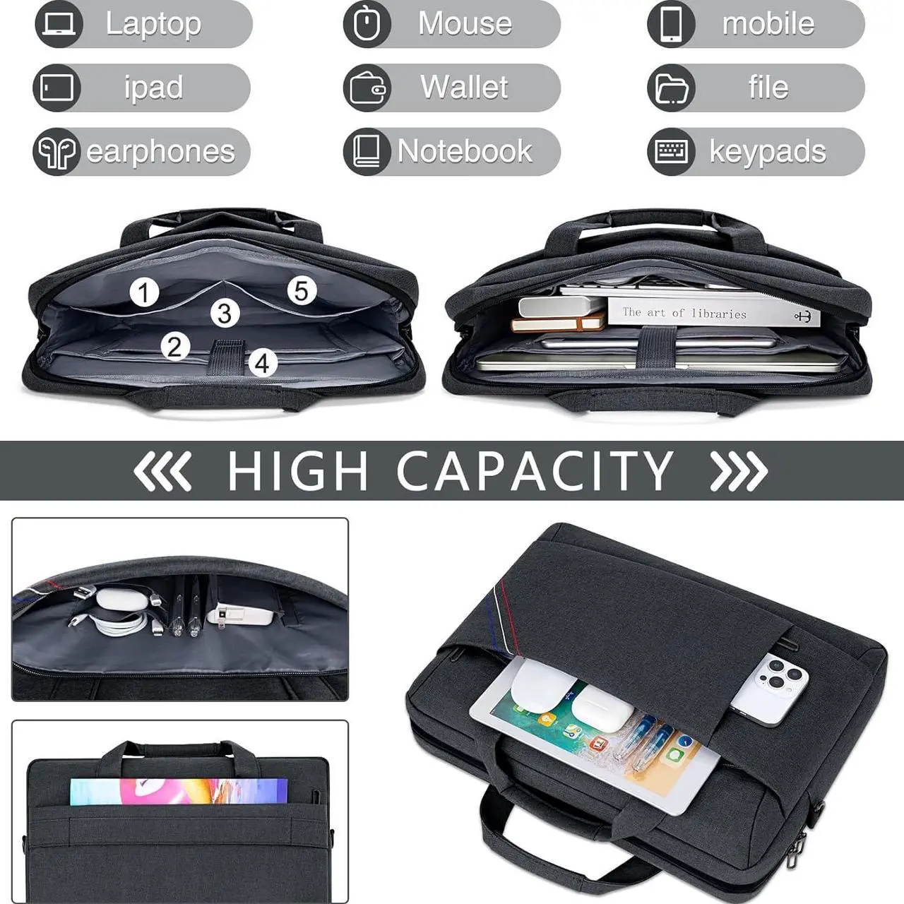 15 - 15.6 Inch Laptop Shoulder Bag for Man Work Briefcase Slim Computer Carrying Case Handbag with Shoulder Strap