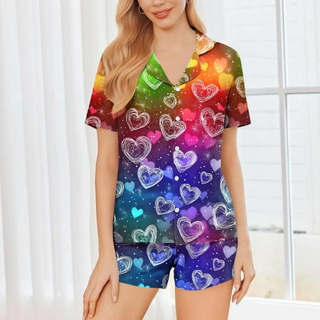 YUNAFFT Romantic Valentine Print Button-Down Cardigan Notch Collar Short Sleeve Pajama Set for Women