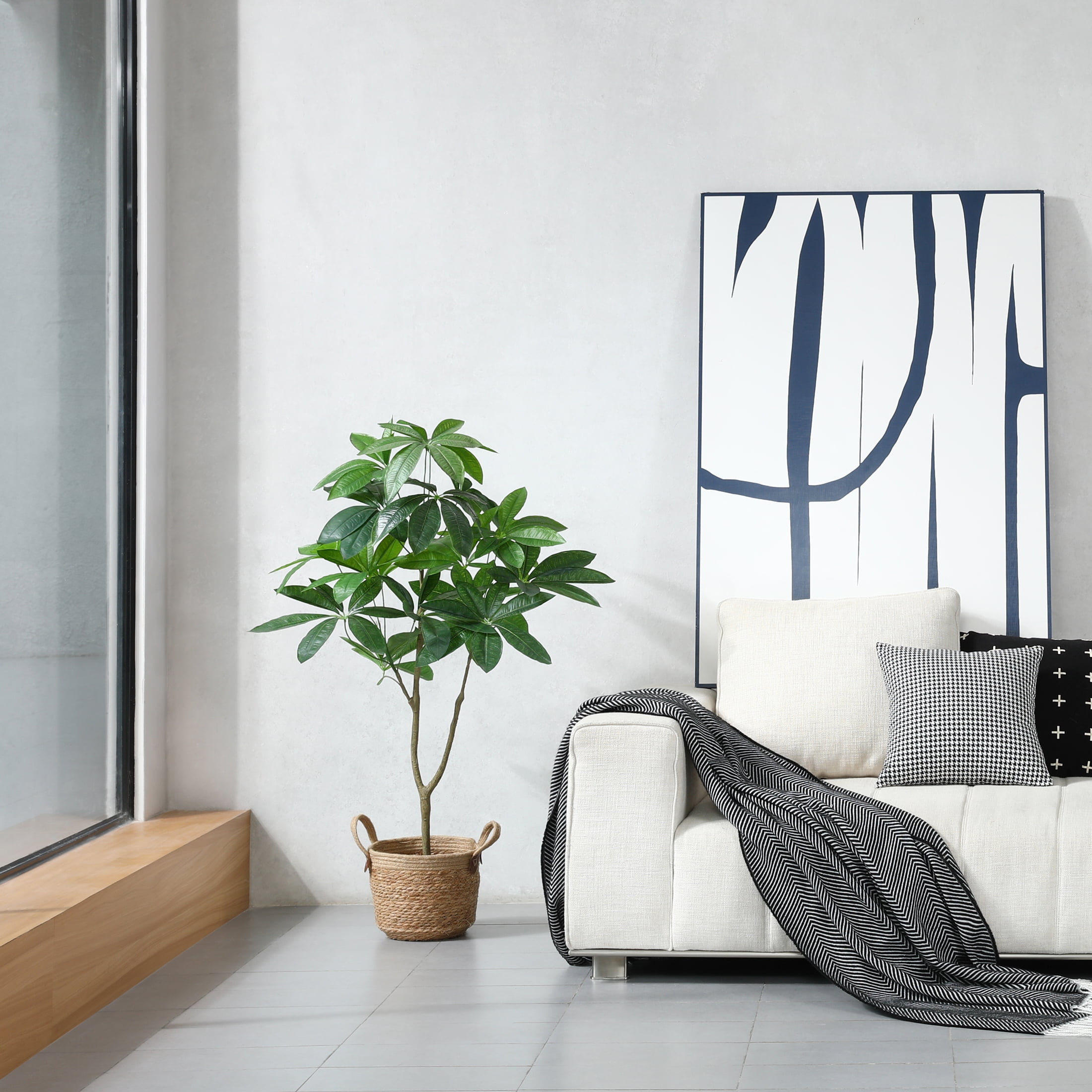 4ft Artificial Plants Pachira Aquatica Money Tree, Fake Plastic Money Plant, Pre Potted Faux Greenry Plant for Home Decor Office House Living Room Indoor Outdoor