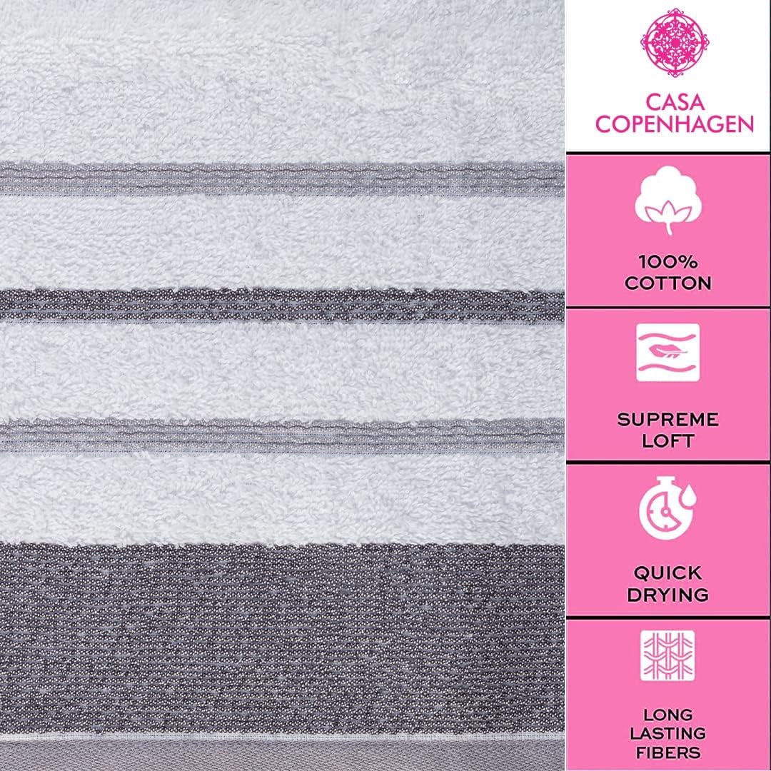 Casa Copenhagen White Bay, 6 Pieces Towel Set- White with Dark Grey Light Grey Border, 600 GSM, 2Bath, 2Hands, 2Washcloths Egyptian Cotton Towel for Hotel Spa Kitchen Bathroom Kitchen & Shower
