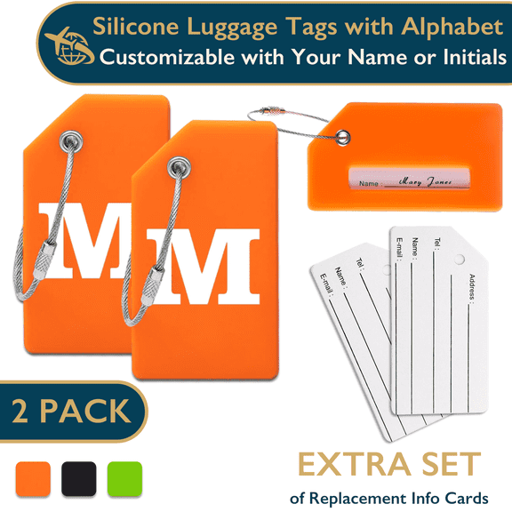 ComfiTime Luggage Tags with Alphabet– TSA Approved Silicone Luggage Tags for Suitcases, Travel Bag Tags for Luggage, Baggage & Backpacks, Luggage Identifier w/ Privacy Cover, Stainless-Steel Loop