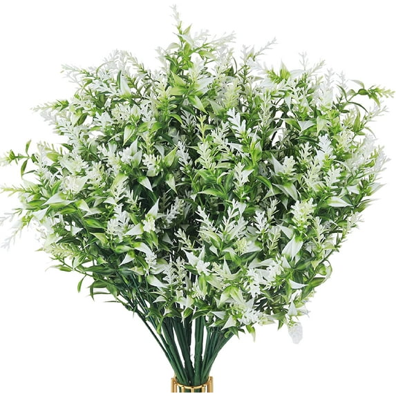 Babibeauty 8 Bundles Artificial Lavender Flowers Outdoor Fake Plants UV Resistant Plants Faux Plastic Plants for Outdoor Indoor Home Window Garden Wedding Porch Box Hanging Plants Decor (White)