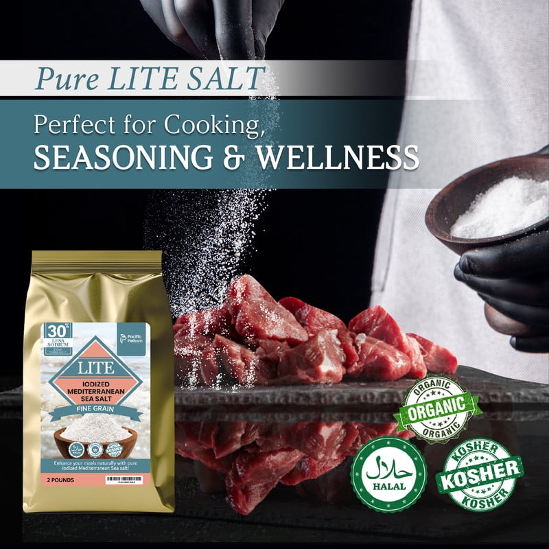 Pacific Pelican 30% Less Sodium Mediterranean Lite Sea Salt, (Iodized) Fine Grain,100% Natural, Organic, Fine Grain, 2 Pounds