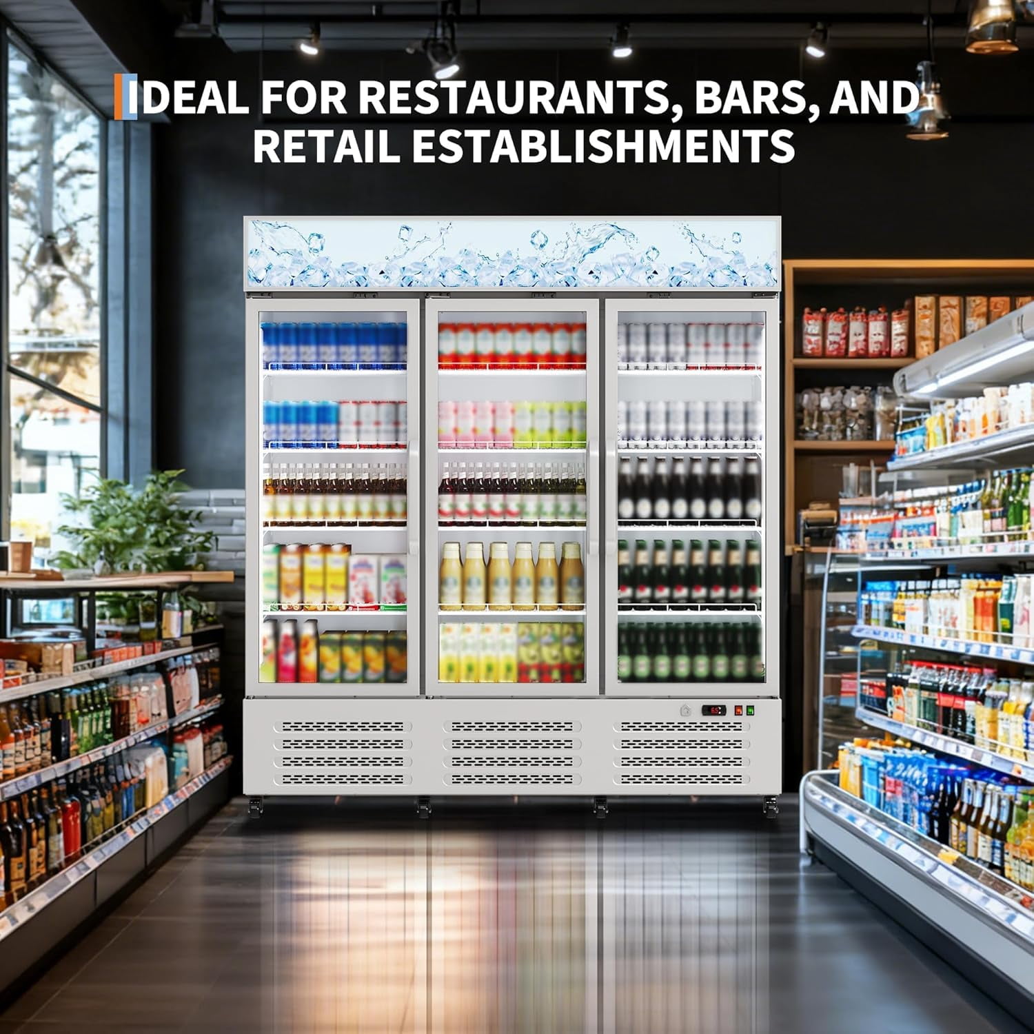 IdealHouse Commercial Refrigerator, Three Glass Door Display Beverage Fridge, 39 Cu ft Upright Beverage Cooler Merchandiser with Soft LED Light, Adjustable Shelves and Swivel Castors, Fast Cooling