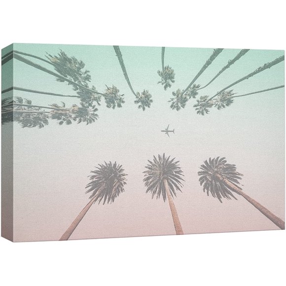 Canvas Print Wall Art Duotone Teal & Pink Los Angeles Palm Trees Architecture & Maps Cities Photography Realism Scenic Colorful for Living Room, Bedroom, Office - 12"x18"