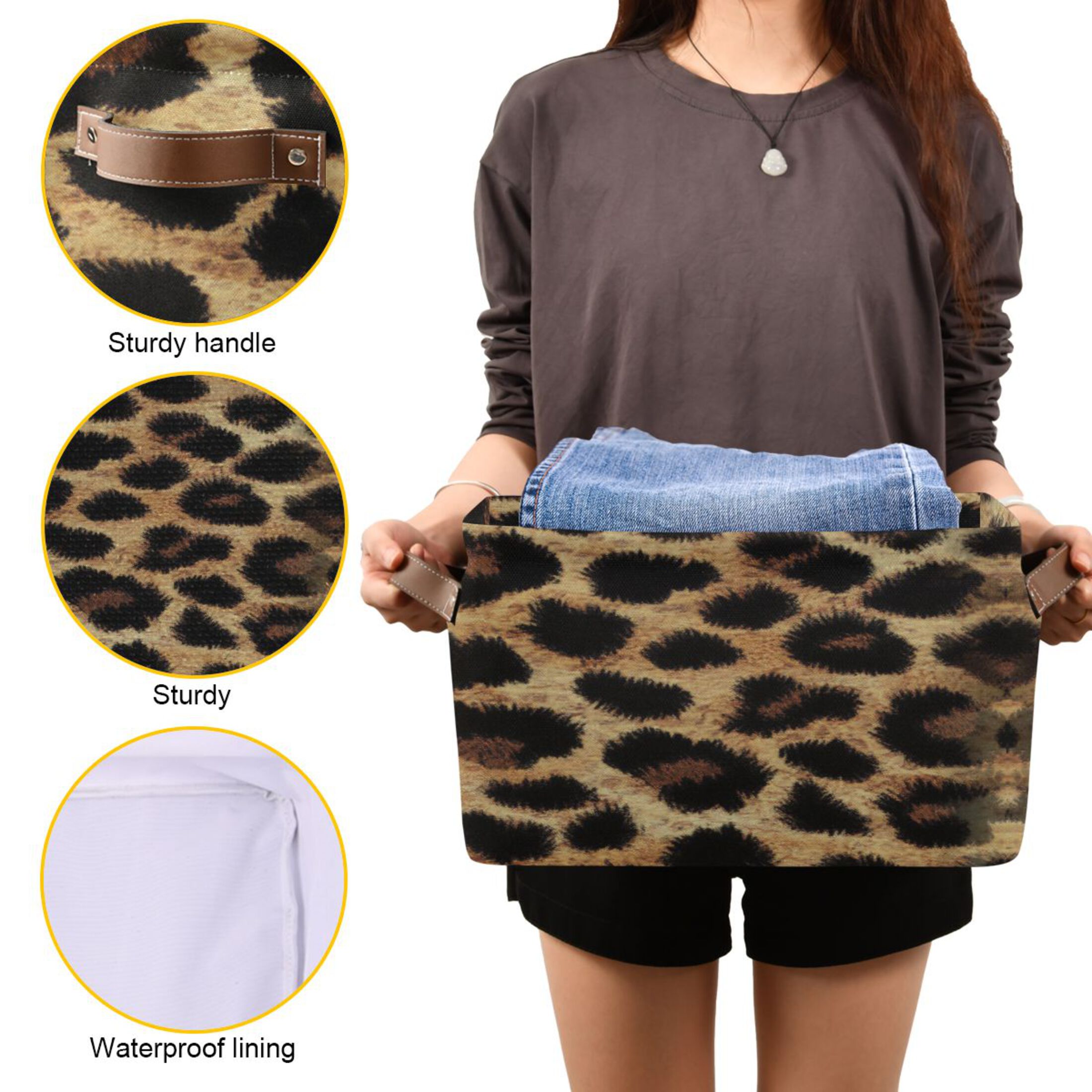 Leopard Print Fabric Texture Foldable Storage Basket,Canvas Fabric Foldable Storage Bins with Handles Open Home Storage Bins Boxes for Toy Book Shelf Closet Baskets