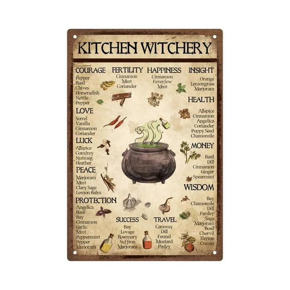 8 x 12inch Kitchen Witchery Metal Tin Sign, Vintage Iron Plate Cooking Plaque Wall Art Painting for Home Kitchen Decoration, Home Decor