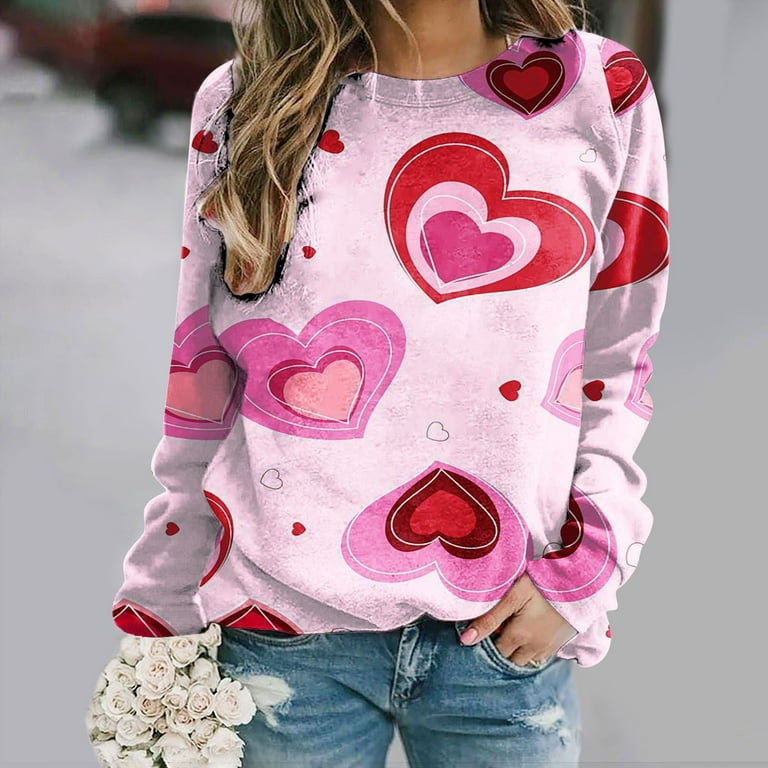 RQYYD Valentine's Day Sweatshirts For Women Love Heart Print Sweatshirt  Casual Loose Crew Neck Graphic Pullovers Tees Pink XL
