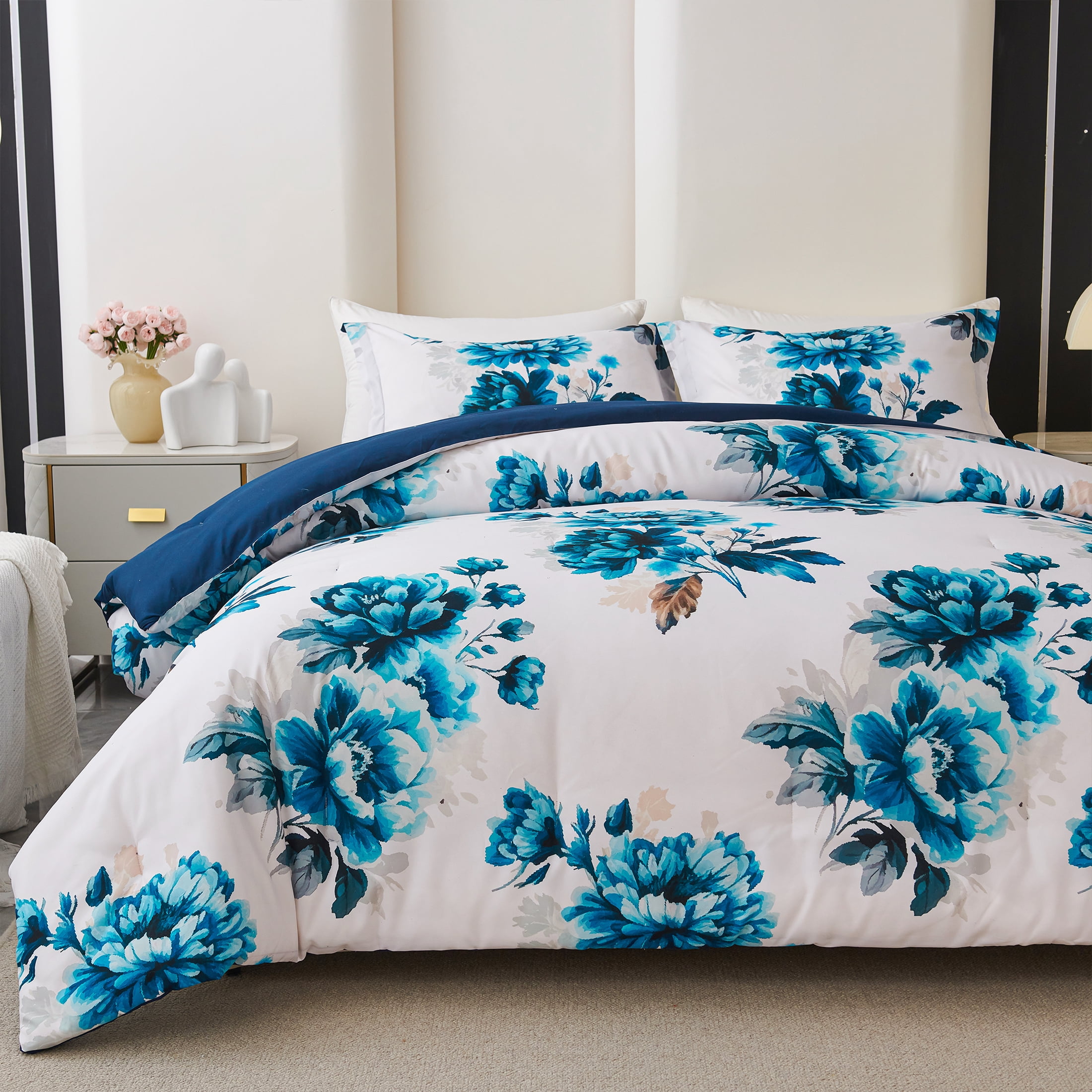 Koniroom 3 Pieces Blue and White Floral Comforter Set King Size, Flower Bedding with Vintage Watercolor Flower for Women, Reversible All Season Comforter with 2 Pillow Shams