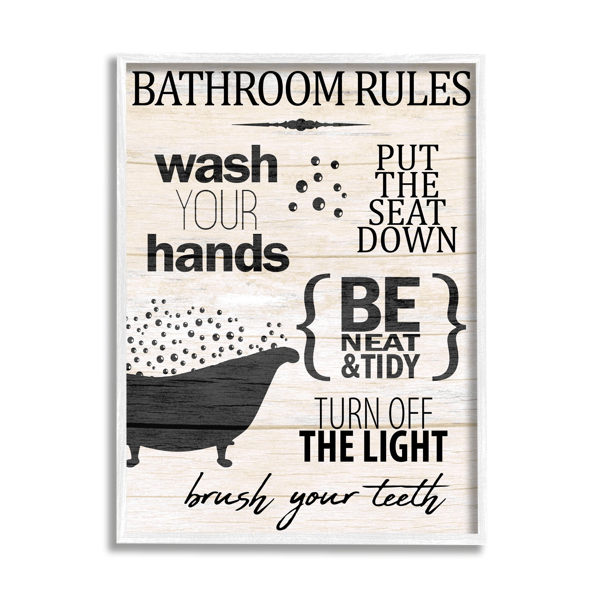 Stupell Industries Rustic Bathroom Rules Sign Wash Hands Typography Framed Wall Art, 11 x 14, Design by Kim Allen