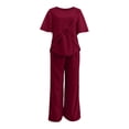 thumbnail image 5 of Karymi Workout Sets for Women Chiffon Spliced 2 Piece Dressy Outfit Set, Crew Neck Flutter Short Sleeve Cross Ruffle Layered Top, High Waist Straight Wide Leg Pants Summer Tops for Women 2026, 5 of 6