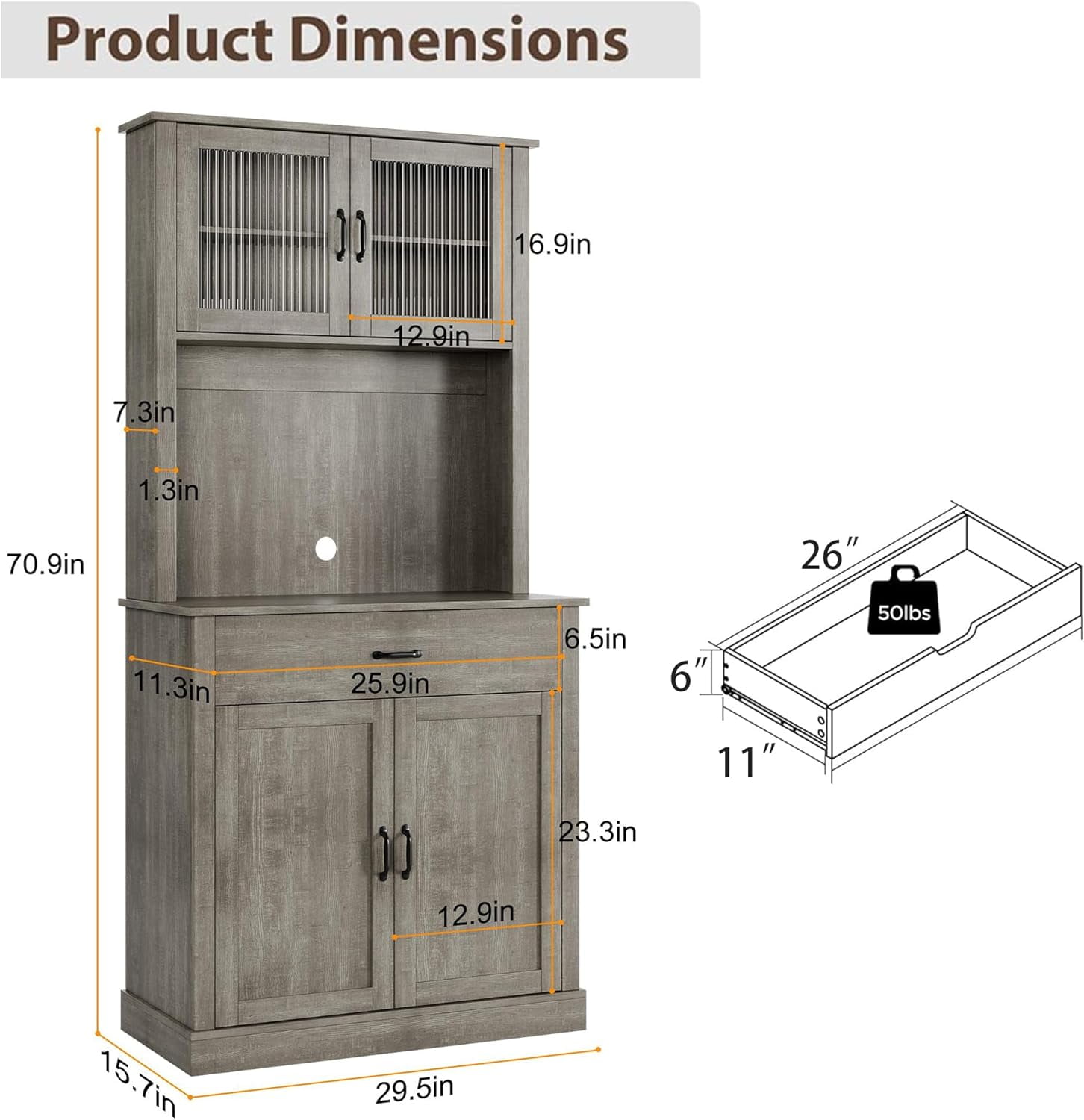 Kitchen Pantry Cabinet with Microwave Stand, 71”Freestanding Tall Kitchen Cabinet with Doors and Shelves for Dining Room, Rustic Gray