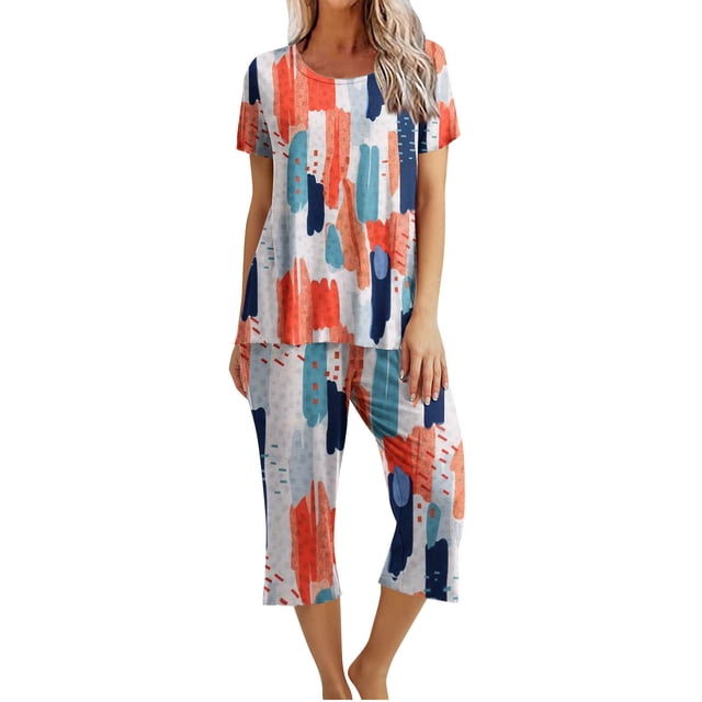 Ensemble de Pyjama pour Femmes Shorts Femmes Imprimé Col Rond Manches Courtes Chemise de Nuit et Ensembles Pantalon Tenue d'Intérieur Pyjamas avec Poches Hauts à Manches Courtes pour Femmes Ensemble de Pyjama pour Femmes Été