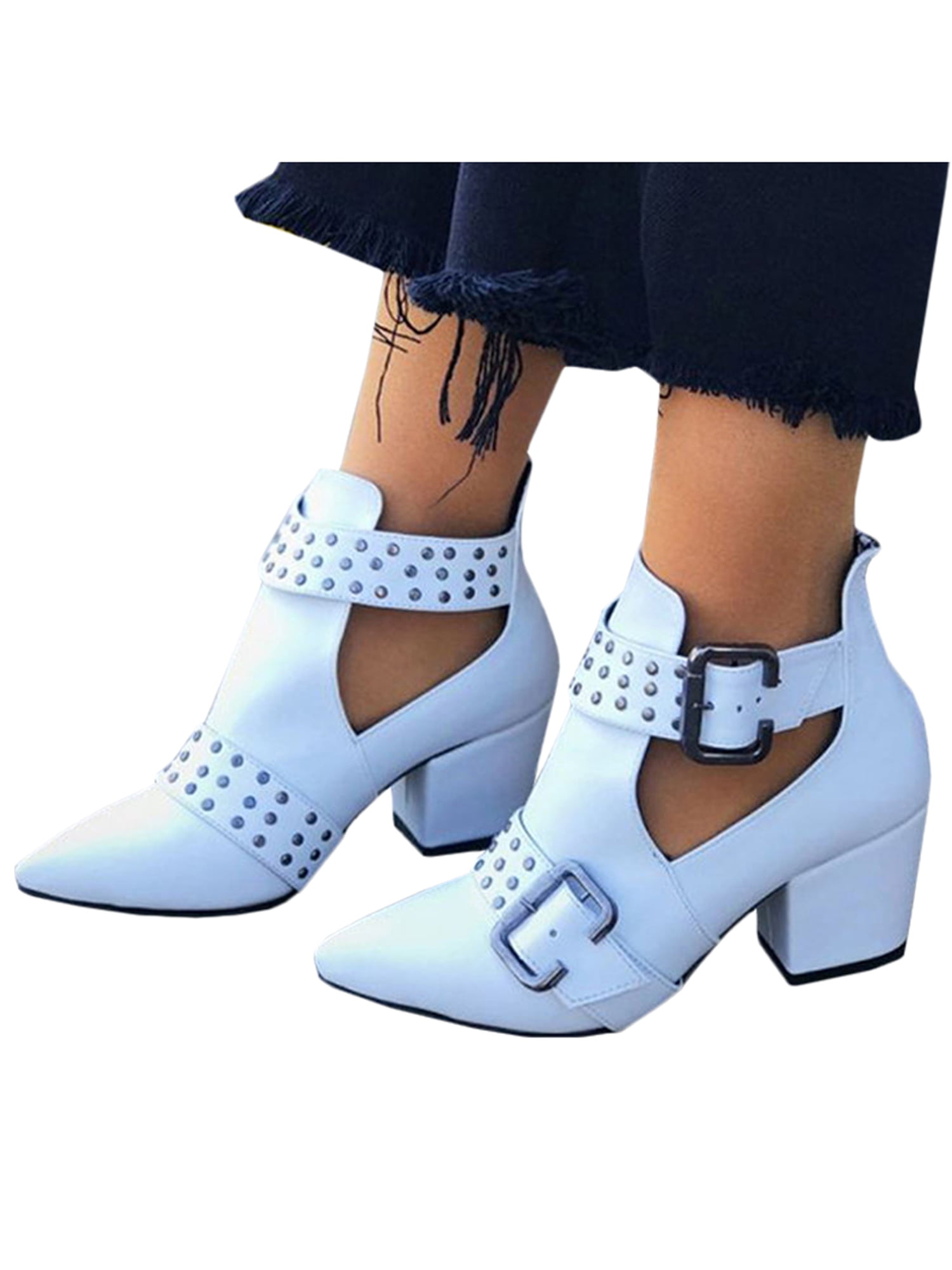 Women Low Mid Block Heel Ankle Boots Buckle Strap Smart Rivet Booties Shoes Size