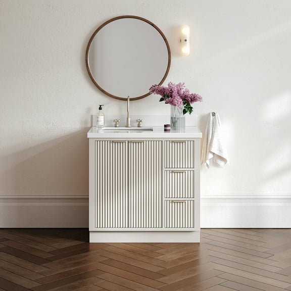 ARIEL Milan 37 Inch Left Offset Single Rectangle Sink Bathroom Vanity with Pure White Quartz Countertop 1.5 Inch in Warm White