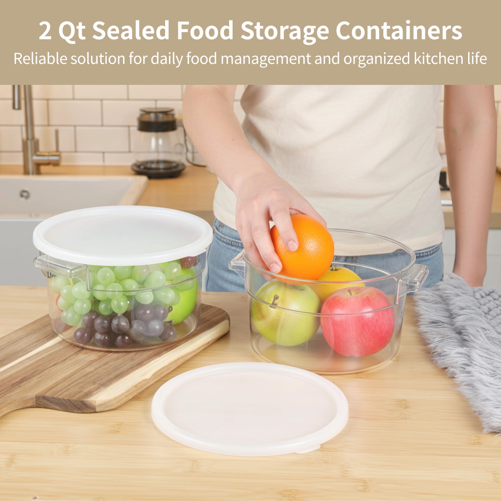 2 PCS Round Food Storage Containers with Lids, 2 Qt Clear Plastic Dough Bucket with Scale, Airtight Transparent Kitchen Container with Handles for Vegetables, Fruits, Grains, Nuts
