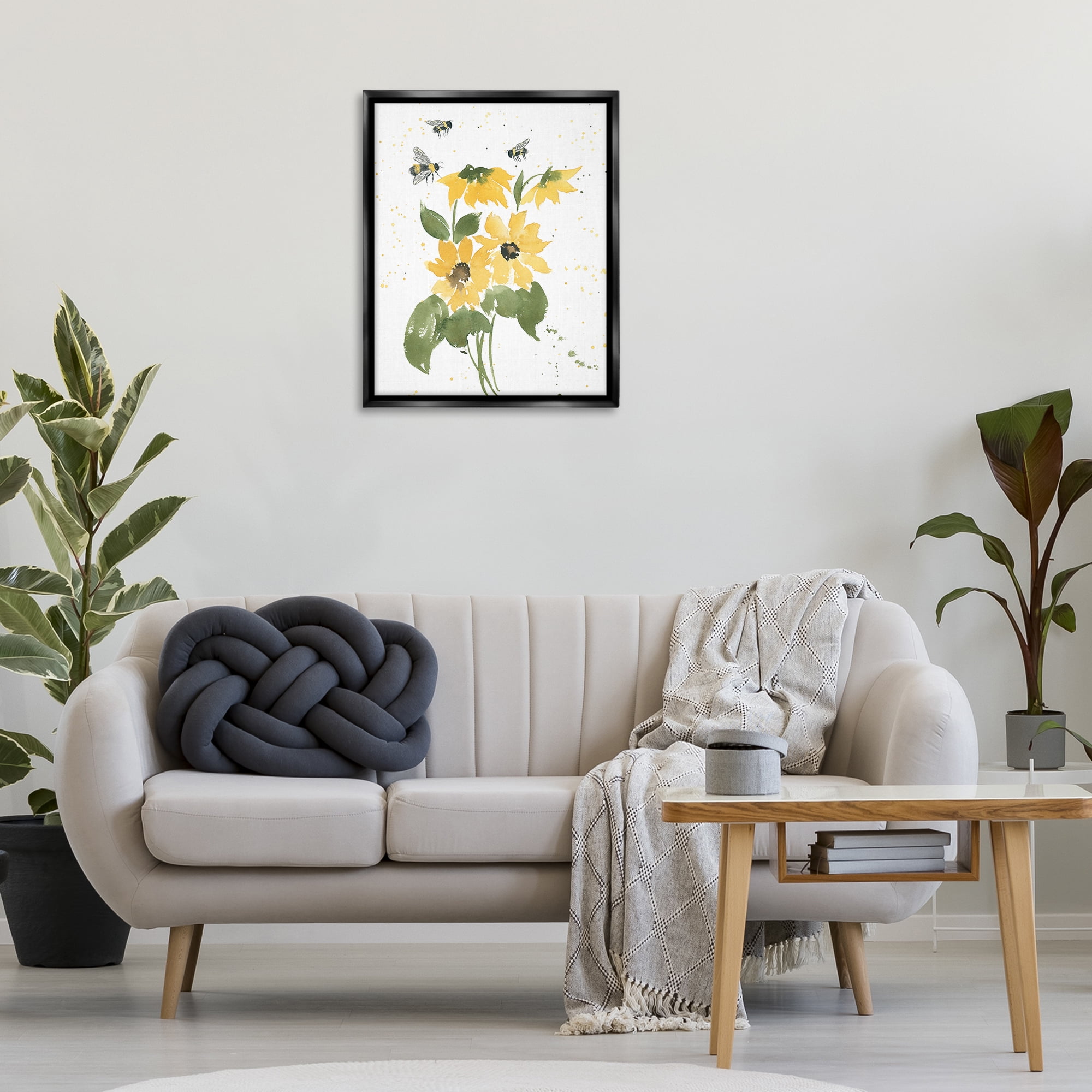 Stupell Industries Bumble Bees & Daisies Botanical & Floral Painting Black Floater Framed Art Print Wall Art, 25 x 31