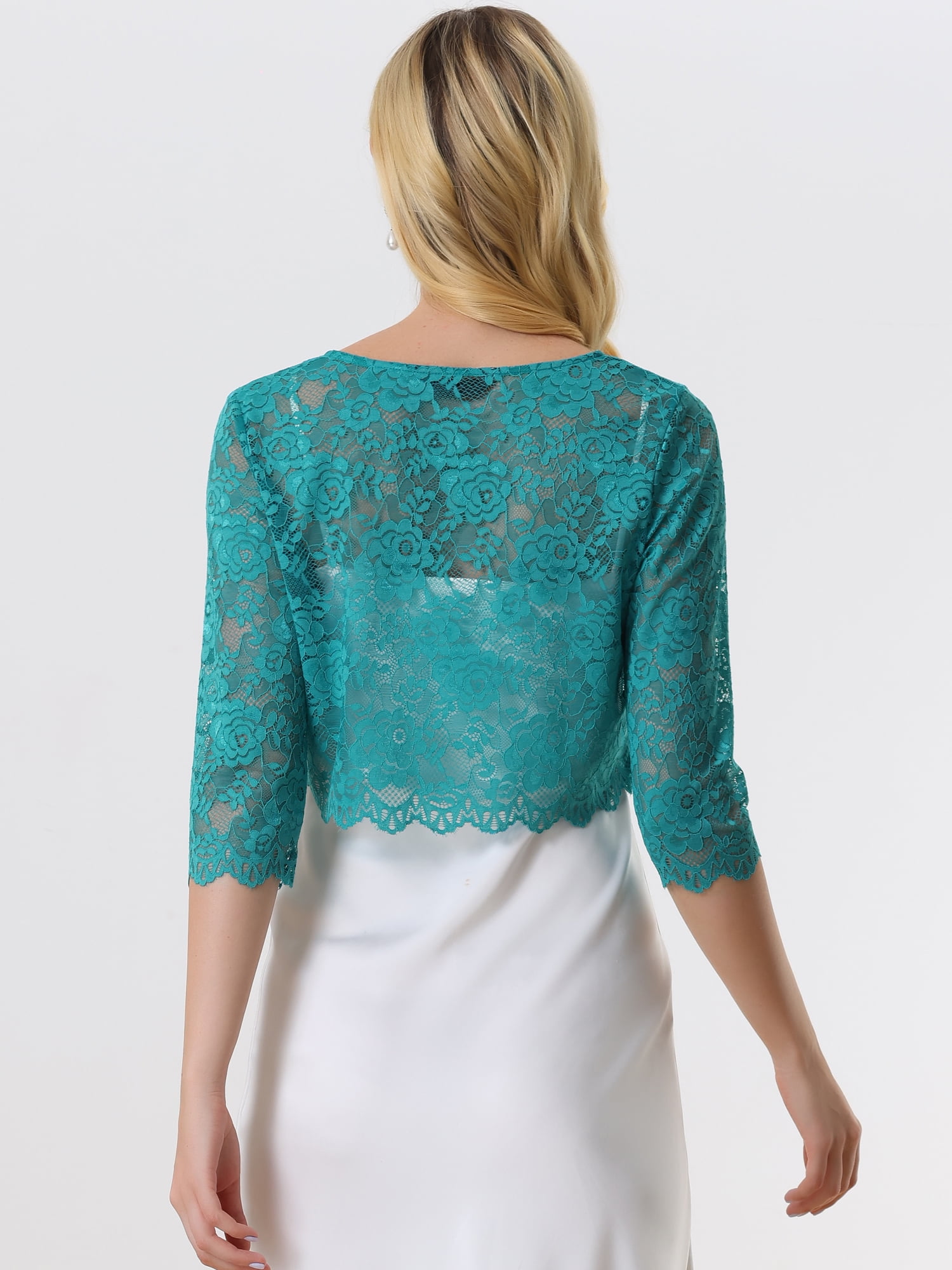 DARING DIVA Leisure Allover Floral Lace Crop Shrug Cardigan XS Malachite Green