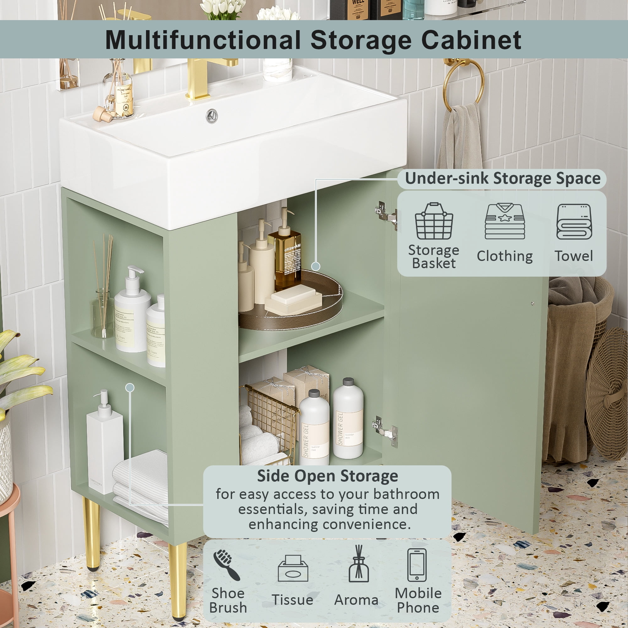 Euroco 21.6" Green Bathroom vanity, Combo Cabinet, Bathroom Storage Cabinet, Single Ceramic Sink, Left side storage