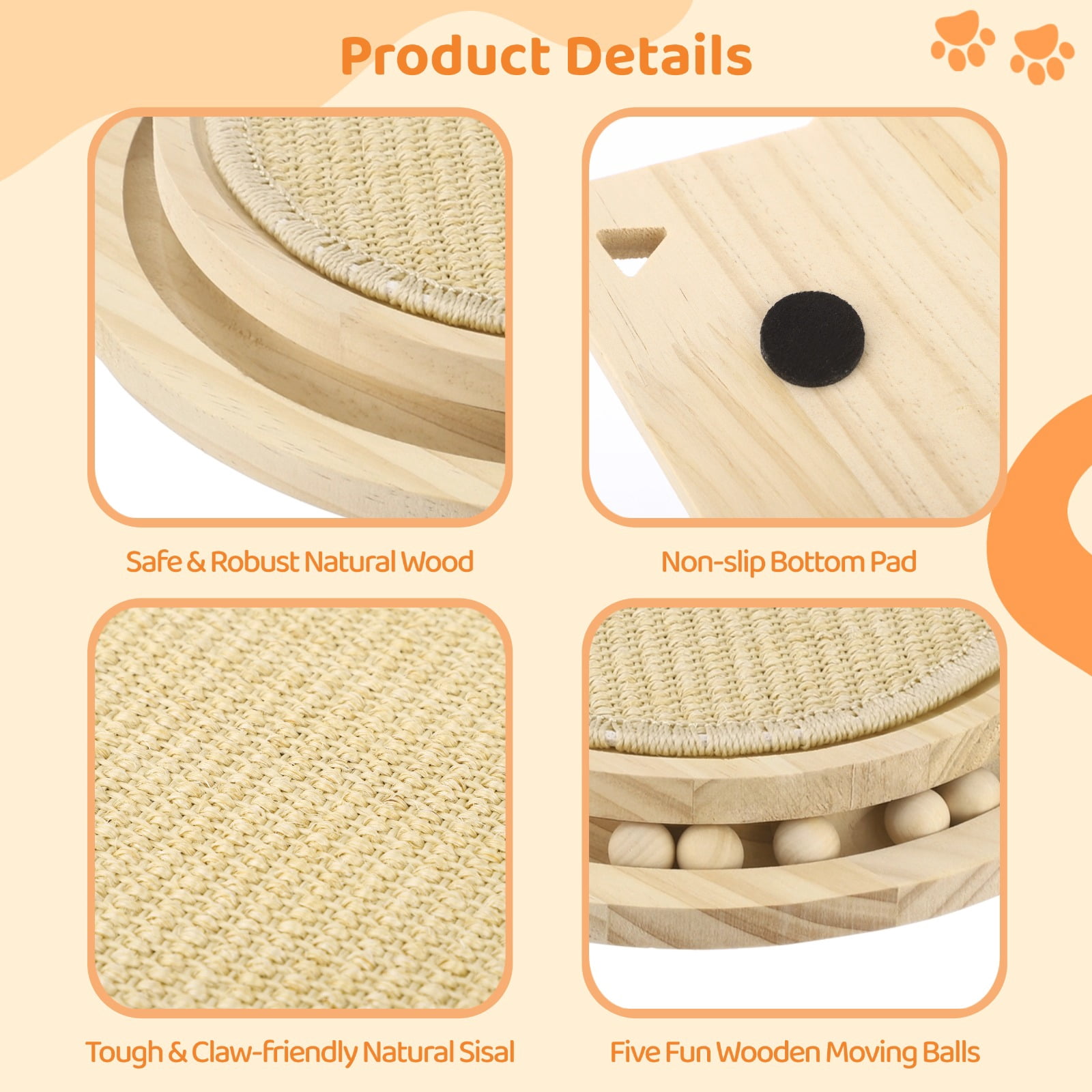 3-in-1 Cat Scratcher, Round Natural Sisal Cat Scratching Pad, Kitten Interactive Toy with Ball Track & Spring Ball, Cat Toy for Indoor Cats, Ideal for Chasing, Hunting