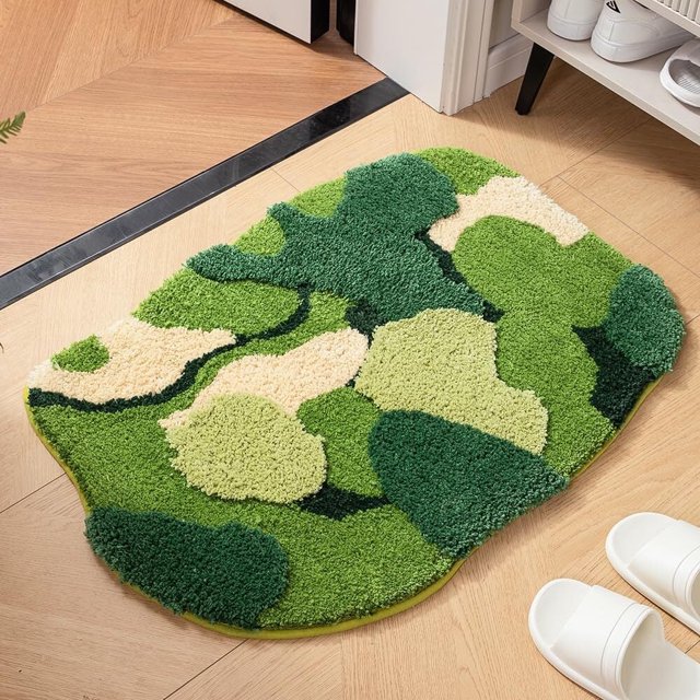 Alfombra de baño verde con diseño de musgo, diseño 3D irregular, con plantas florales, ultrasuave, absorbente y antideslizante.