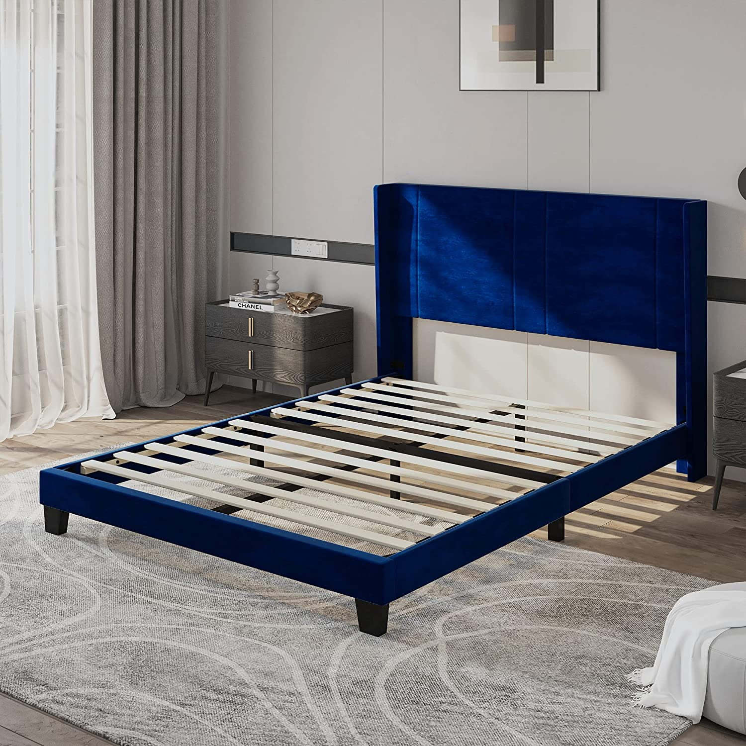 Dextrus Upholstered Wingback Platform Bed with Navy Blue Velvet Headboard, Bed Frame with Wood Slat / No Box Spring Needed / Mattress Foundation (Full)