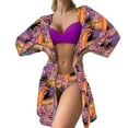 thumbnail image 1 of 3Pcs/Set Spaghetti Strap Backless Bikini Cover Up Set Solid Color Bra Leaves Print Briefs Long Sleeve Cardigan Set Beachwear, 1 of 2