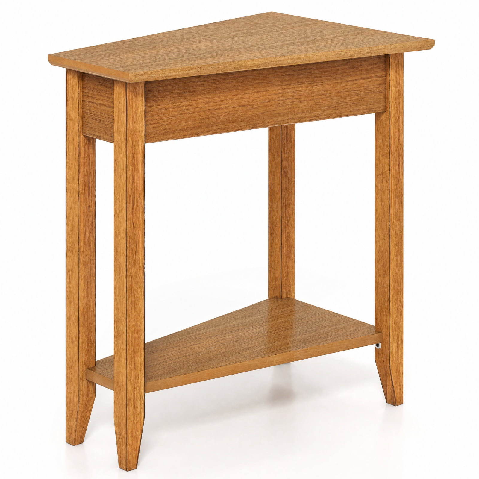 Furnibear 2 Tier Wedge Narrow End Table with Storage Shelf and Solid Rubber Wood Legs for Small Spaces and Sofa Side, Walnut