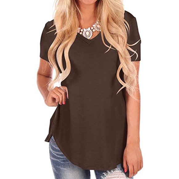 T-Shirt V Neck Summer Loose Top Solid Color Short Sleeve Woman Top, Coffee, XXL