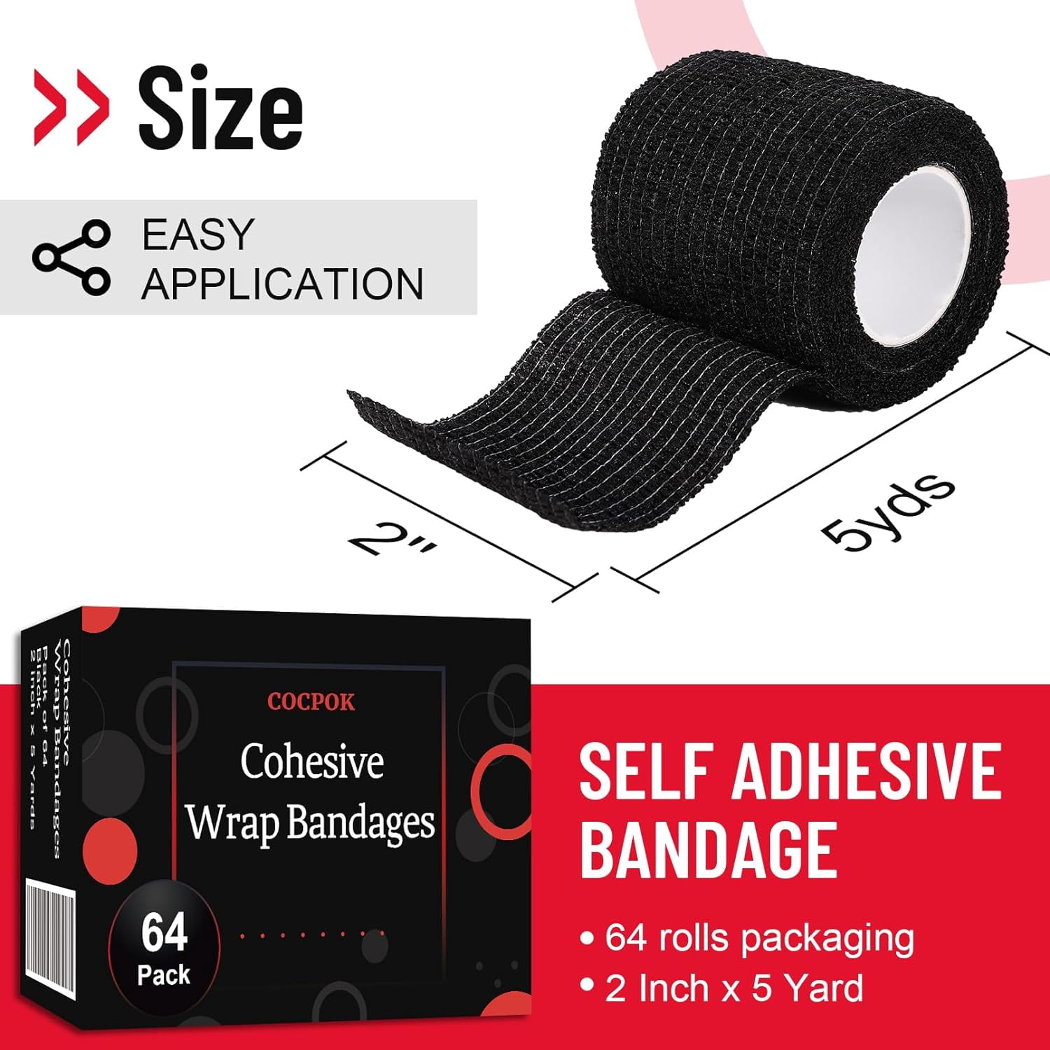 COCPOK Self Adherent Cohesive Wrap Bandages,64 Pack Black Athletic Tape,Self Adhesive Bandage Wrap 2 Inch x 5 Yard,Elastic Cohesive Bandage Wrap,Breathable Sports Wrap for Wrist Ankle,Vet Wrap for Pet