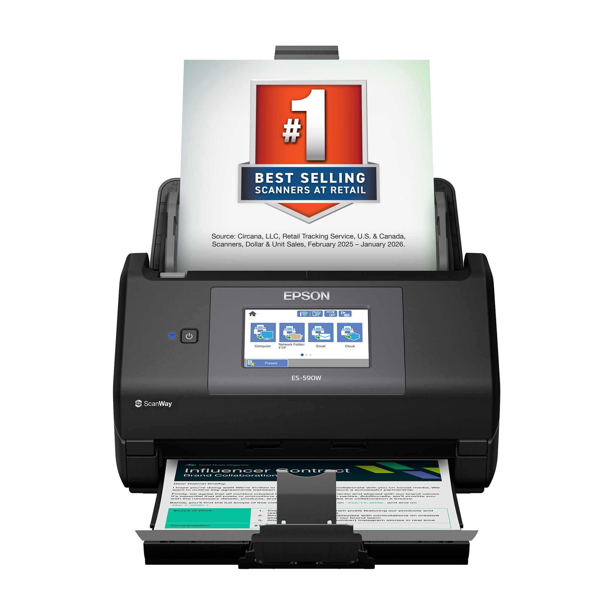 Epson WorkForce ES-590W Wireless & USB High-Speed AI & Cloud Ready Desktop Color Duplex Document Scanner for Mac & PC, up to 45 ppm, Large 4.3" Color Touchscreen, 100-Page Auto Document Feeder