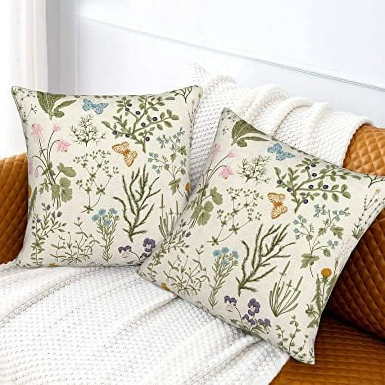 Spring Pillow Covers 20x20 Set of 2 Flower Herbs Botanical Decorations Throw Pillow Cases Sage Green Plants Floral Spring Seasonal Linen Outdoors Decor for Home Bed Couch Car Walmart