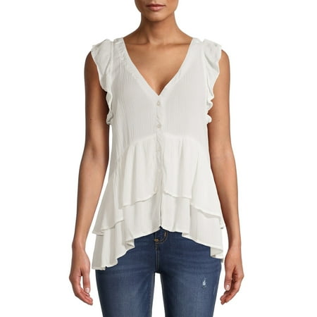 Miss Selfie Juniors' Flutter Sleeve Button Front Ruffle Top