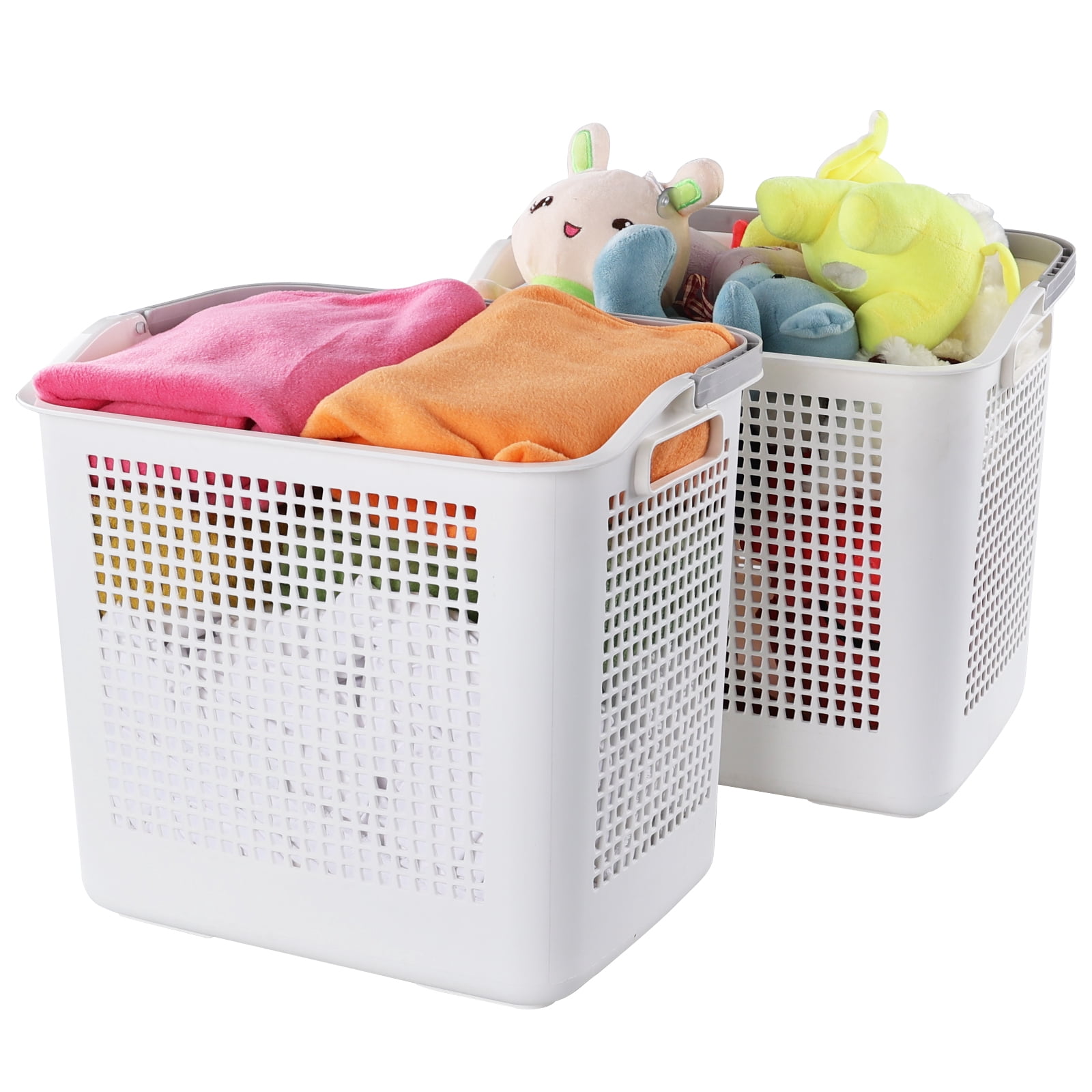 Minekkyes Set of 4 Large Hampers for Laundry with Handles, Plastic Laundry Baskets Bin, Dirty Clothes Storage Bin, White