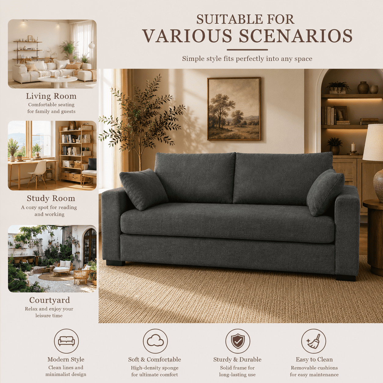 MOONMISS 79"Loveseat Couch ,3 Seater Sofa with Extra Deep Seats,Comfy Upholstered Couch for Living Room,2 Pillows,Gray