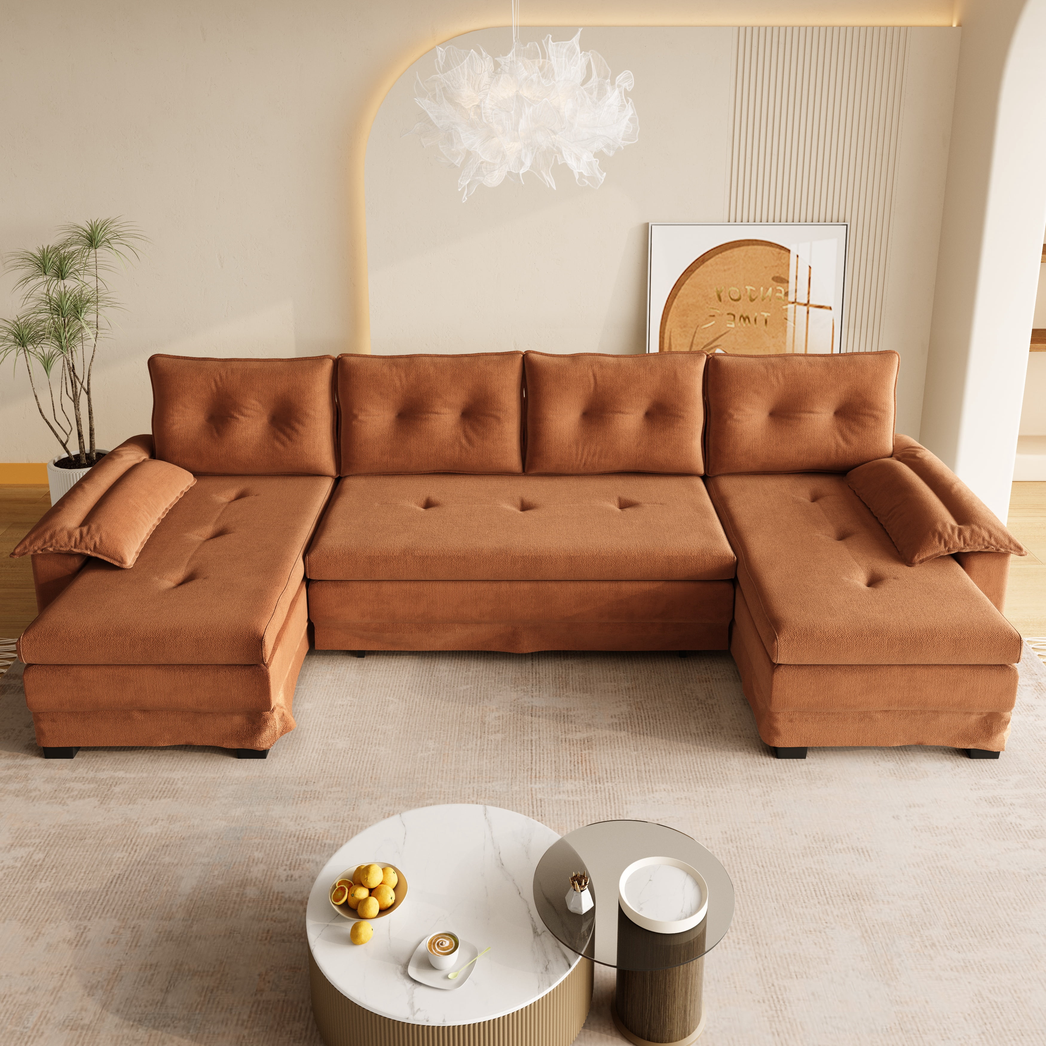 Howcool 110" U-Shaped Sleeper Sofa with Pull Out Bed, USB Ports and Dual Chaise Lounge