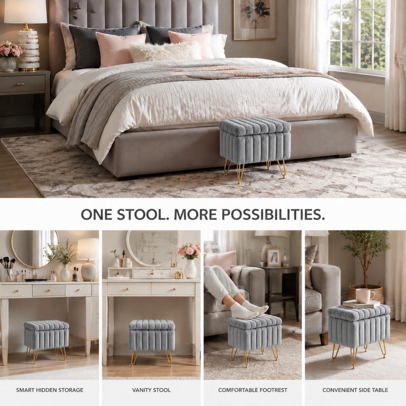 BEAUTYPEAK Vanity Stool with Storage Faux Fur Padded Makeup Ottoman with Gold Metal Legs and Adjustable Feet 18.9" Footstool, Gray